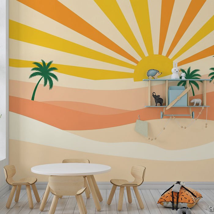 Kids room wallpaper | Tropical sunrise with palm trees and sand dunes