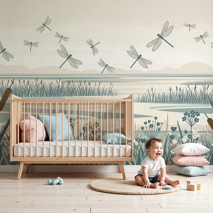 Papier peint chambre enfant | Libellules dans un décor aquatique apaisant