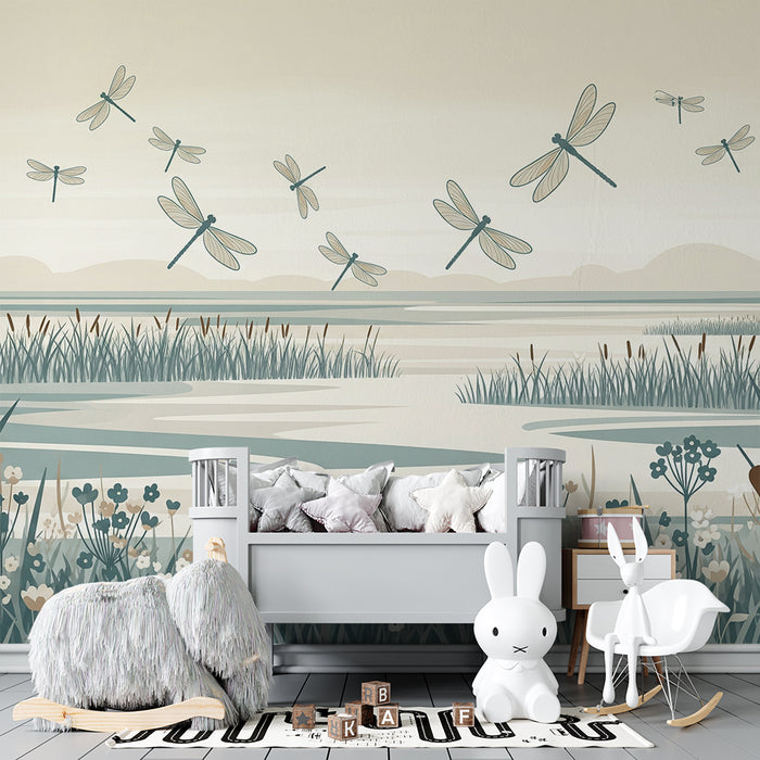Papier peint chambre enfant | Libellules dans un décor aquatique apaisant