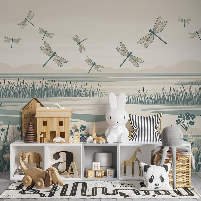 Papier peint chambre enfant | Libellules dans un décor aquatique apaisant