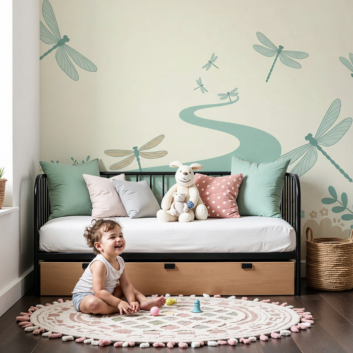 Papier peint chambre enfant | Libellules dans un paysage floral apaisant