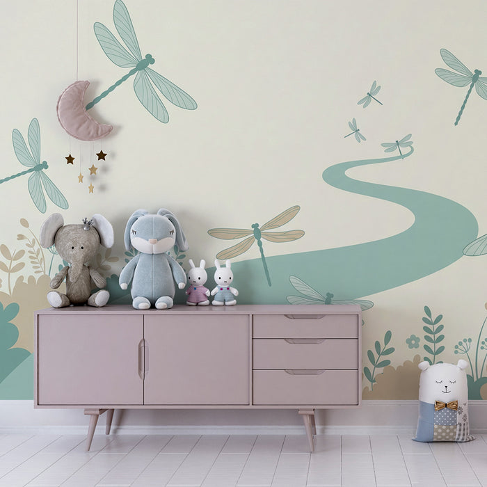 Papier peint chambre enfant | Libellules dans un paysage floral apaisant