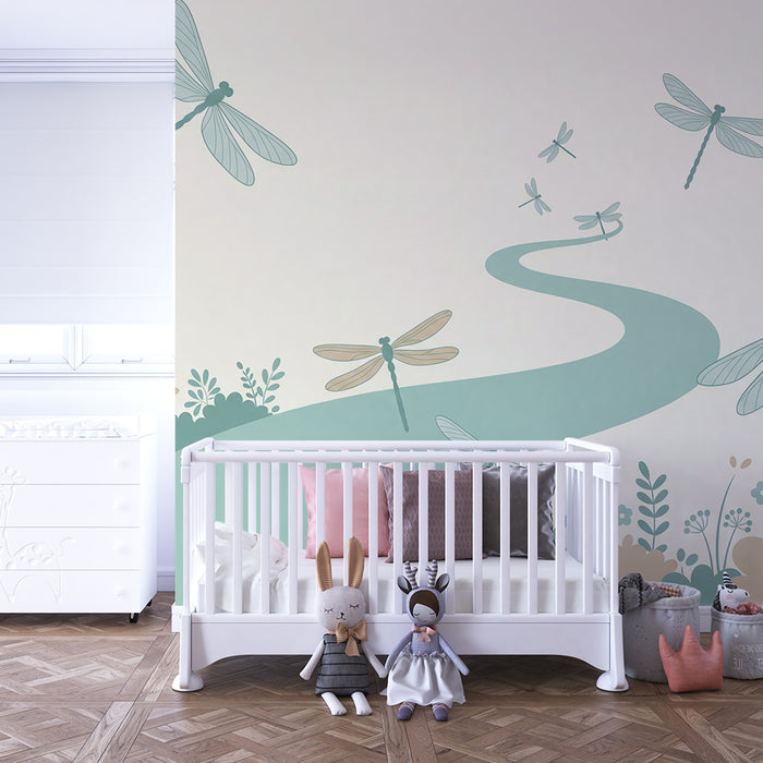 Papier peint chambre enfant | Libellules dans un paysage floral apaisant
