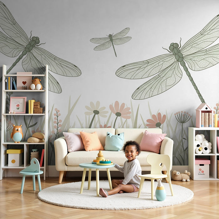 Papier peint chambre enfant | Libellules délicates et fleurs pastel dans un champ paisible