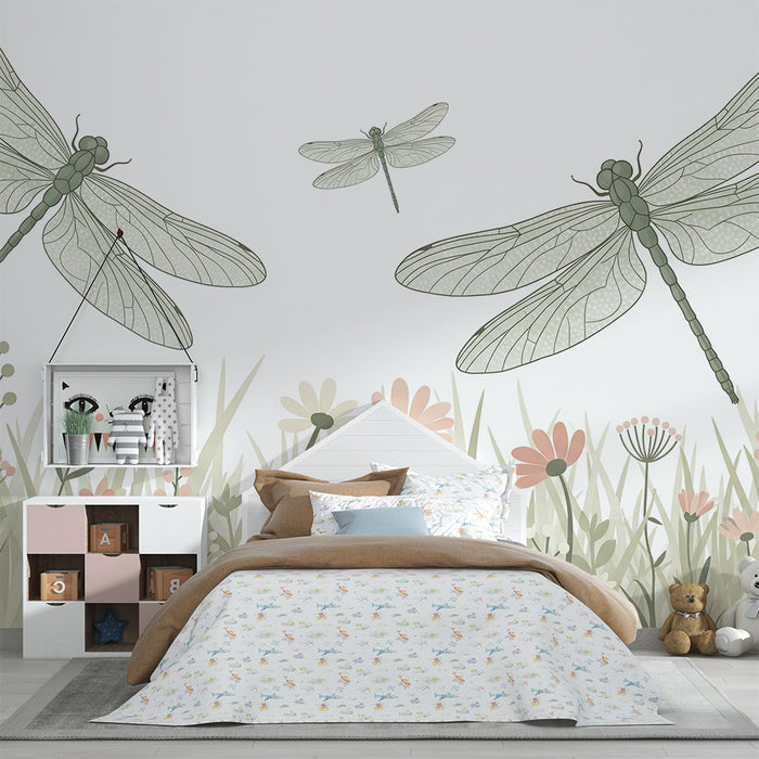 Papier peint chambre enfant | Libellules délicates et fleurs pastel dans un champ paisible