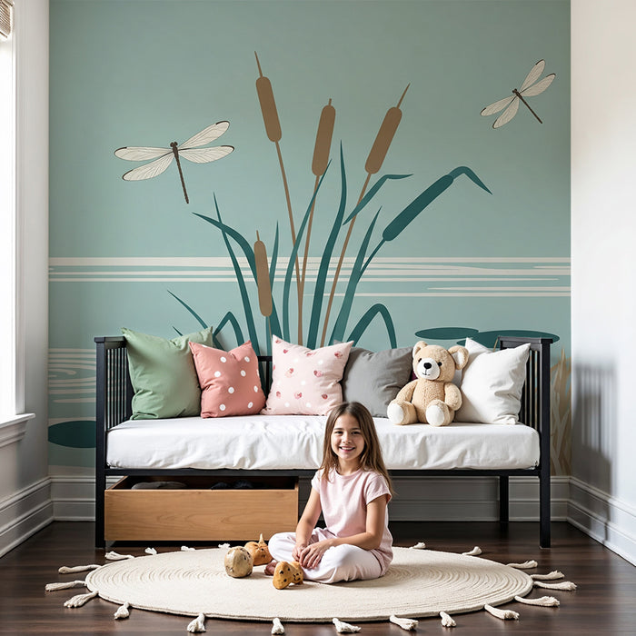 Papier peint chambre enfant | Libellules et étang paisible avec herbes douces