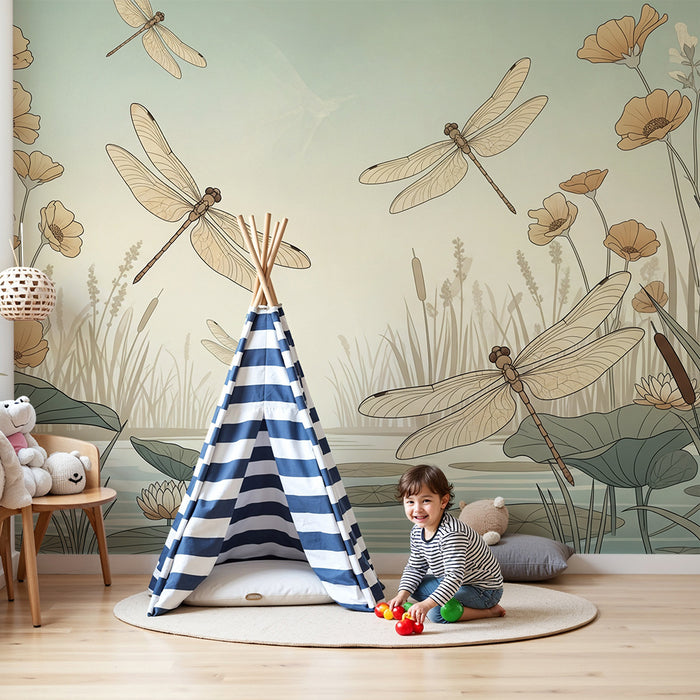 Carta da parati per cameretta bambini | Libellule e fiori in un rilassante paesaggio acquatico