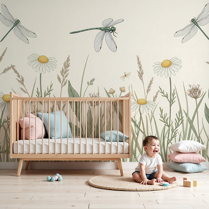 Papier peint chambre enfant | Libellules et fleurs des champs dans un décor naturel apaisant