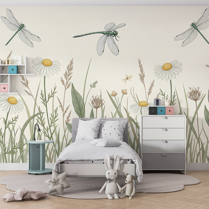 Papier peint chambre enfant | Libellules et fleurs des champs dans un décor naturel apaisant