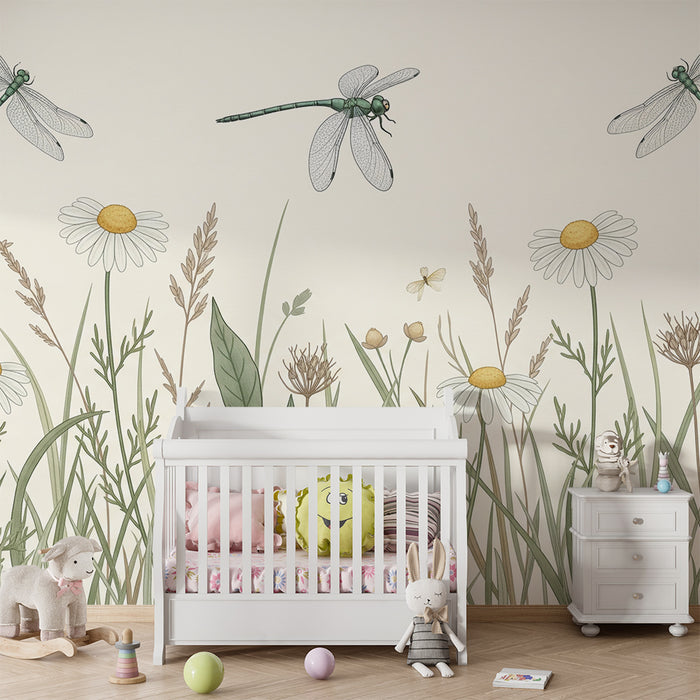 Papier peint chambre enfant | Libellules et fleurs des champs dans un décor naturel apaisant