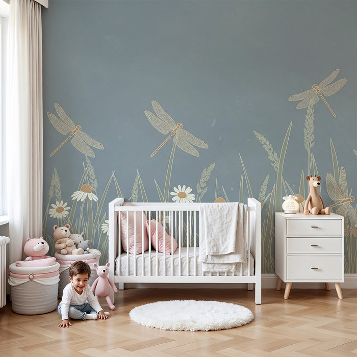 Papel de parede infantil | Libélulas e flores do campo sobre fundo azul