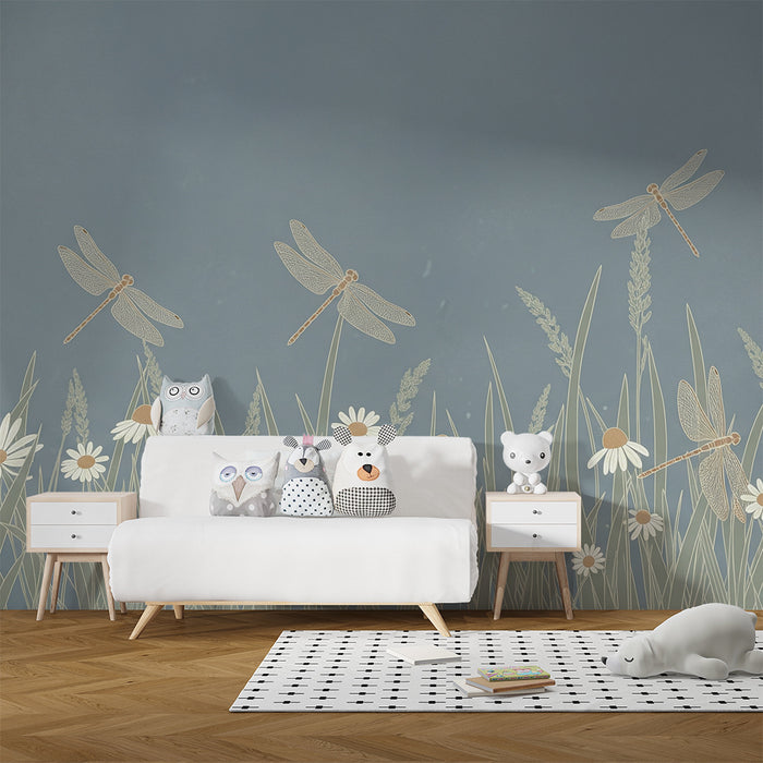 Papel de parede infantil | Libélulas e flores do campo sobre fundo azul