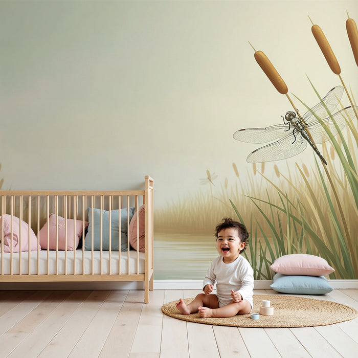 Papier peint chambre enfant | Libellules et marais dans une ambiance douce