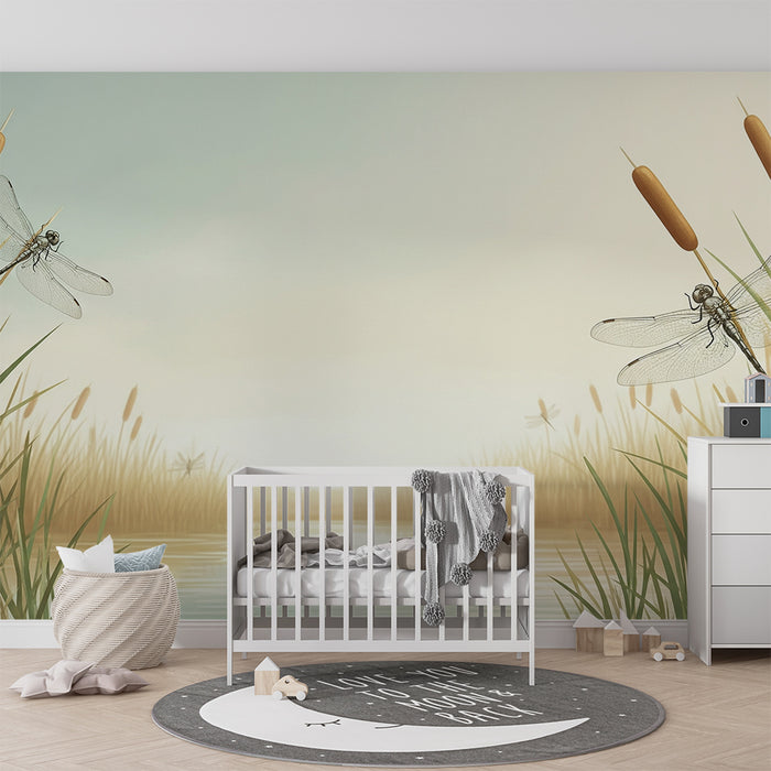 Papier peint chambre enfant | Libellules et marais dans une ambiance douce