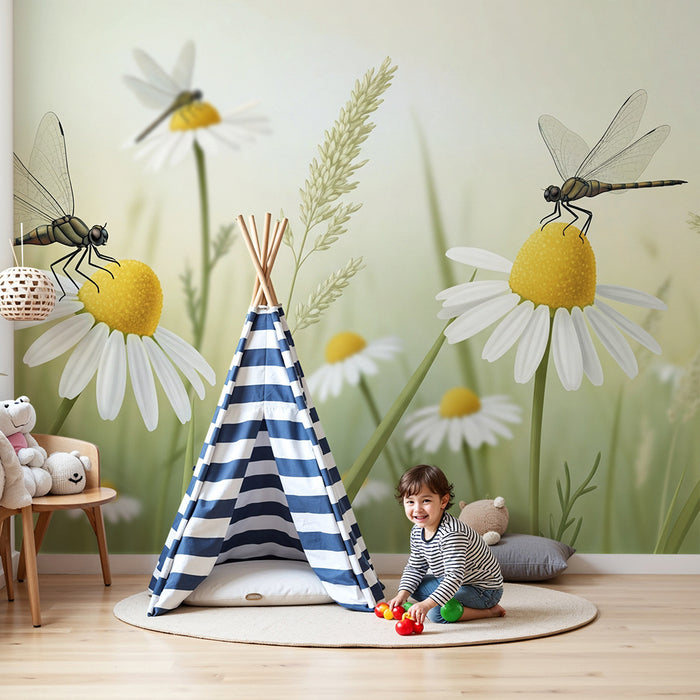 Papier peint chambre enfant | Libellules et marguerites dans un champ ensoleillé