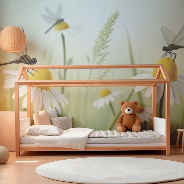 Papier peint chambre enfant | Libellules et marguerites dans un champ ensoleillé