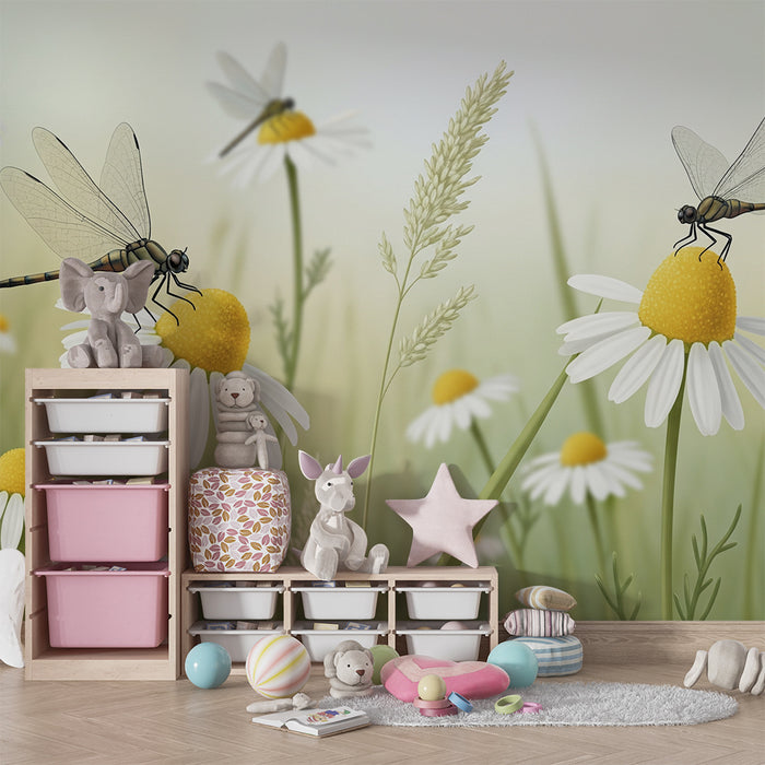 Papier peint chambre enfant | Libellules et marguerites dans un champ ensoleillé