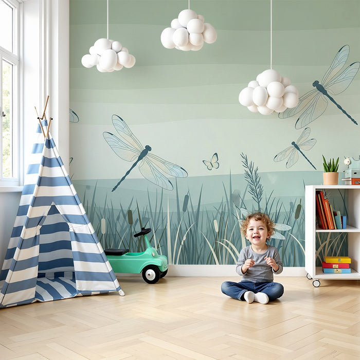 Papier peint chambre enfant | Libellules et nature apaisante dans des tons doux