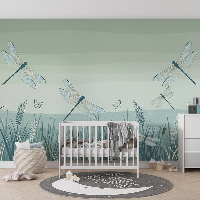 Papier peint chambre enfant | Libellules et nature apaisante dans des tons doux
