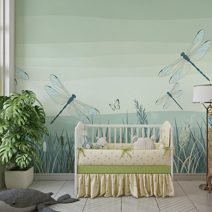 Papier peint chambre enfant | Libellules et nature apaisante dans des tons doux