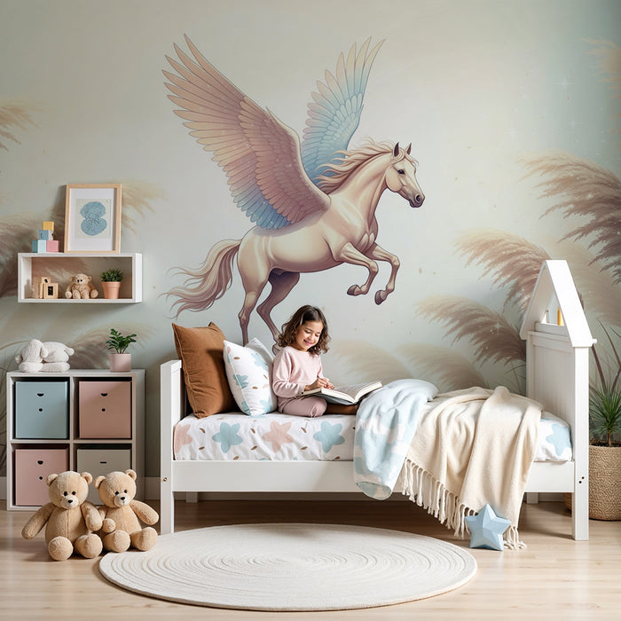 Kinderzimmer Tapete | Geflügeltes Einhorn in einer sanften und märchenhaften Landschaft