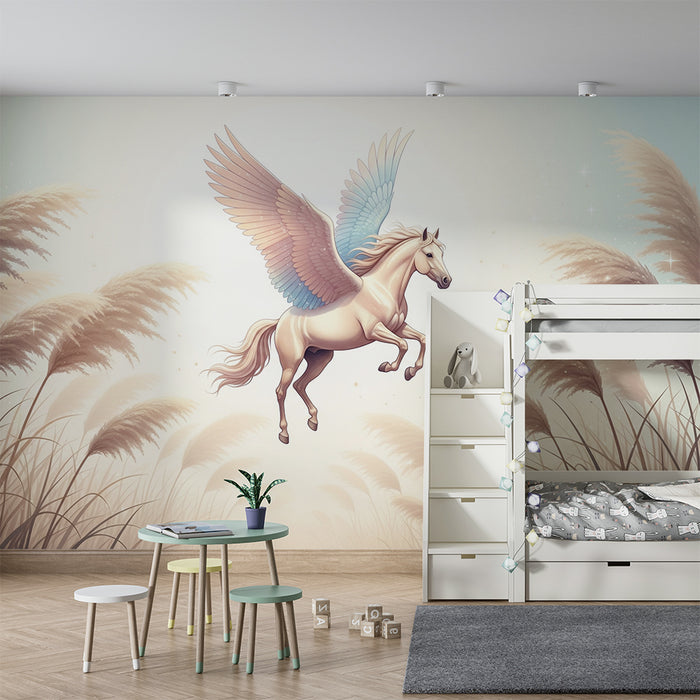 Kinderzimmer Tapete | Geflügeltes Einhorn in einer sanften und märchenhaften Landschaft
