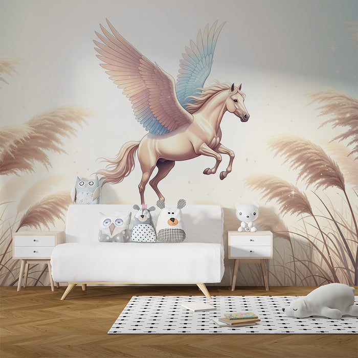 Kinderzimmer Tapete | Geflügeltes Einhorn in einer sanften und märchenhaften Landschaft