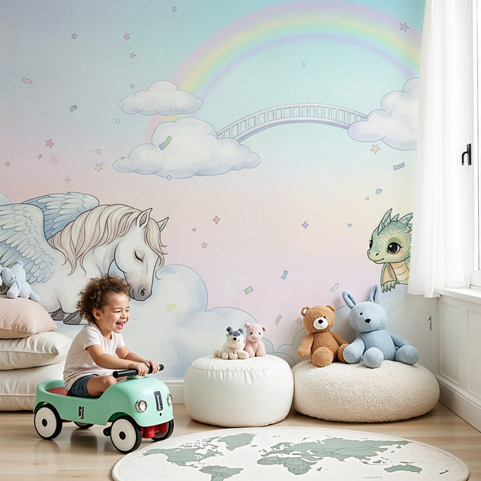 Carta da parati bambini | Unicorno alato e drago in un cielo pastello