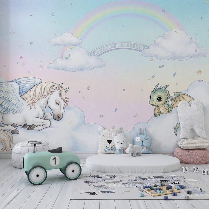 Carta da parati bambini | Unicorno alato e drago in un cielo pastello