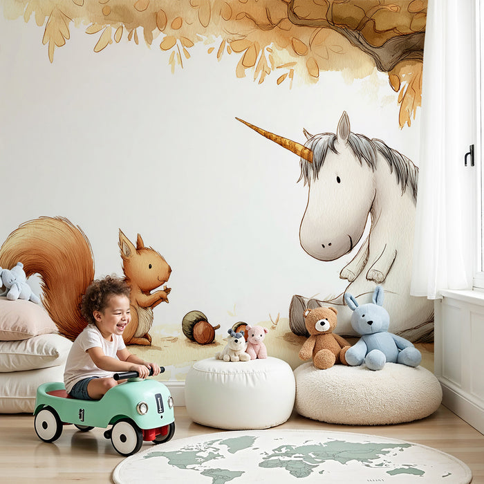 Papier peint chambre enfant | Licorne amicale et écureuil sous un arbre doré