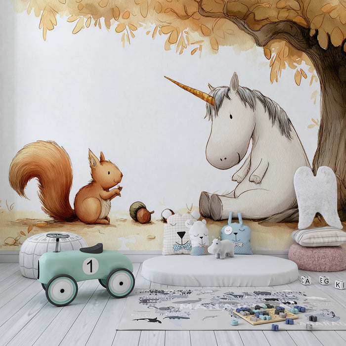 Papier peint chambre enfant | Licorne amicale et écureuil sous un arbre doré
