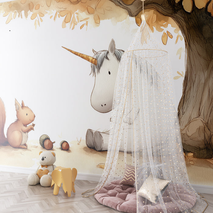 Papier peint chambre enfant | Licorne amicale et écureuil sous un arbre doré