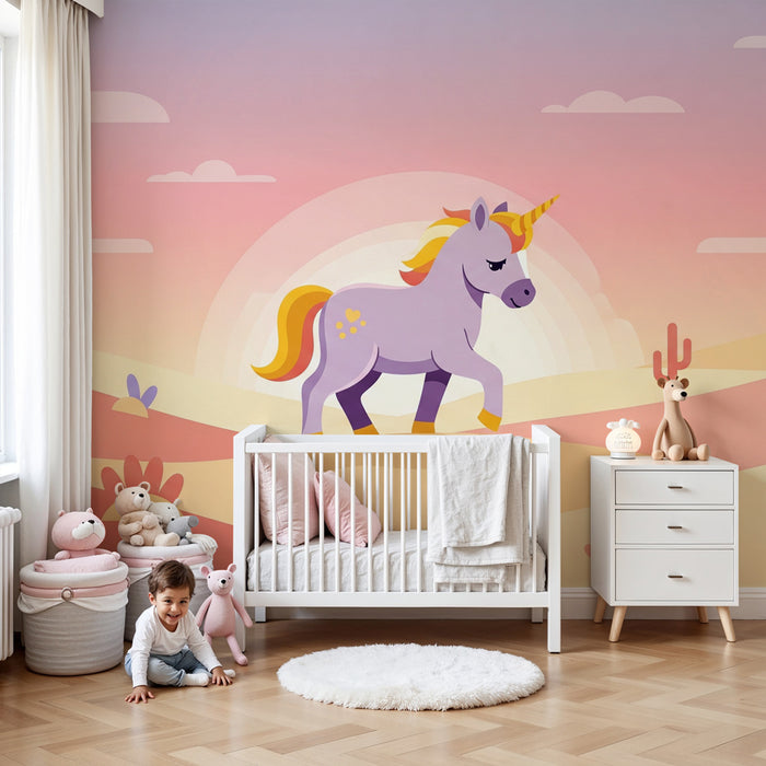 Papier peint chambre enfant | Licorne au coucher de soleil