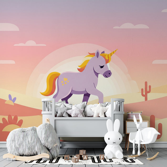 Papier peint chambre enfant | Licorne au coucher de soleil