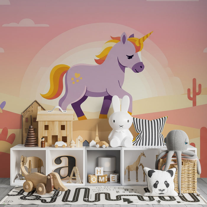 Papier peint chambre enfant | Licorne au coucher de soleil