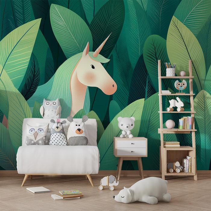Papier peint chambre enfant | Licorne cachée dans une jungle luxuriante