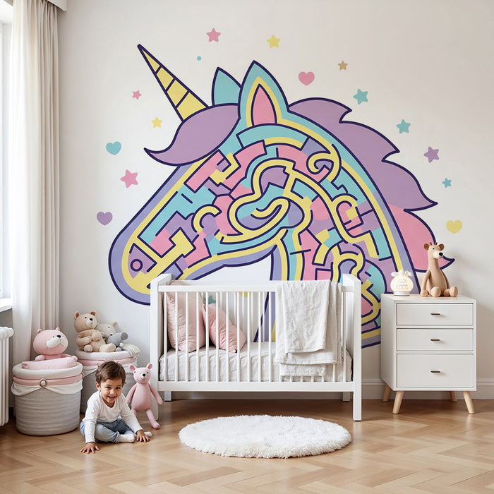 Kinderzimmer Tapete | Bunter Einhorn mit magischem Labyrinth