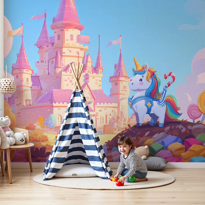 Børneværelse tapet | Farverig enhjørning foran et eventyrligt slot