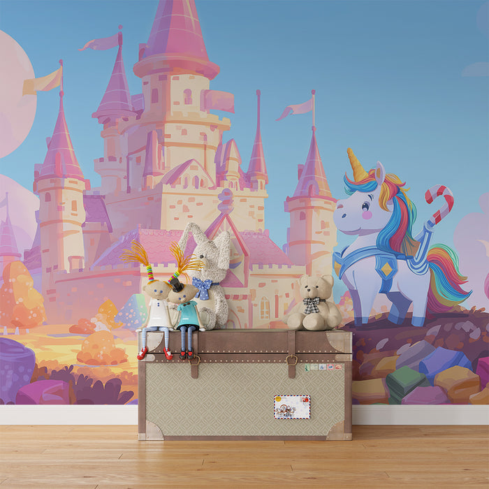 Børneværelse tapet | Farverig enhjørning foran et eventyrligt slot