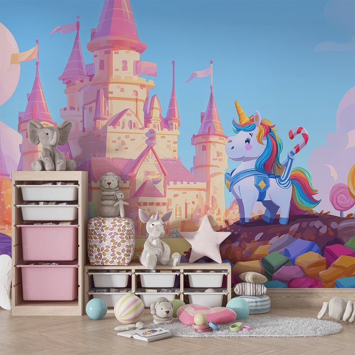 Børneværelse tapet | Farverig enhjørning foran et eventyrligt slot