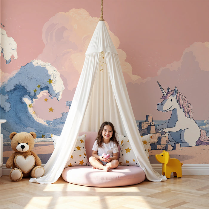 Papel de parede criança | Licorne construindo um castelo de areia à beira do oceano