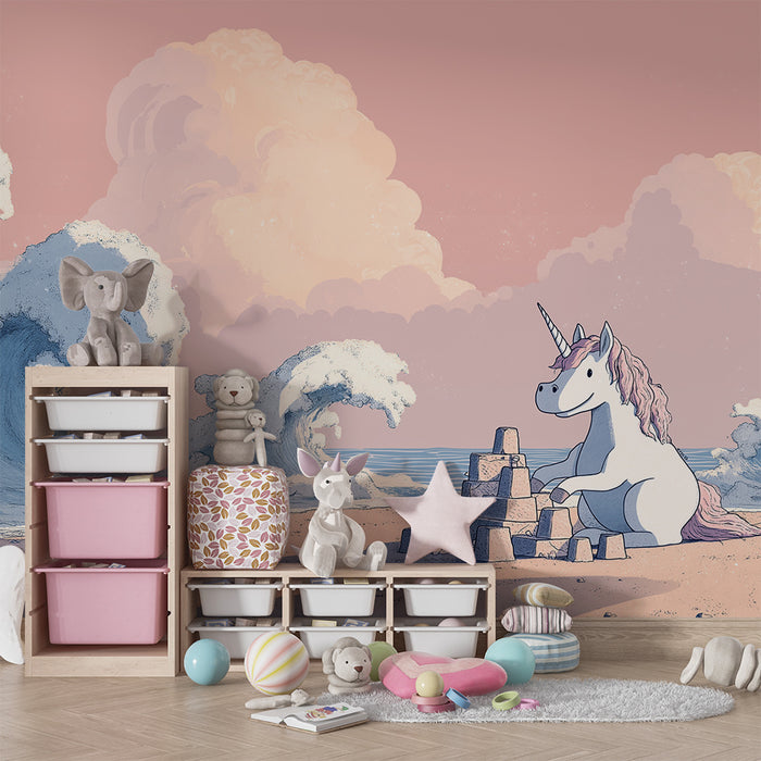 Papel de parede criança | Licorne construindo um castelo de areia à beira do oceano