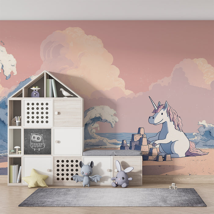 Papel de parede criança | Licorne construindo um castelo de areia à beira do oceano