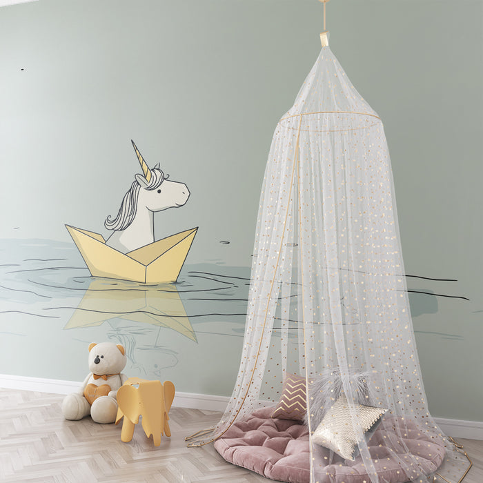 Papier peint chambre enfant | Licorne dans un bateau en papier sur une mer calme