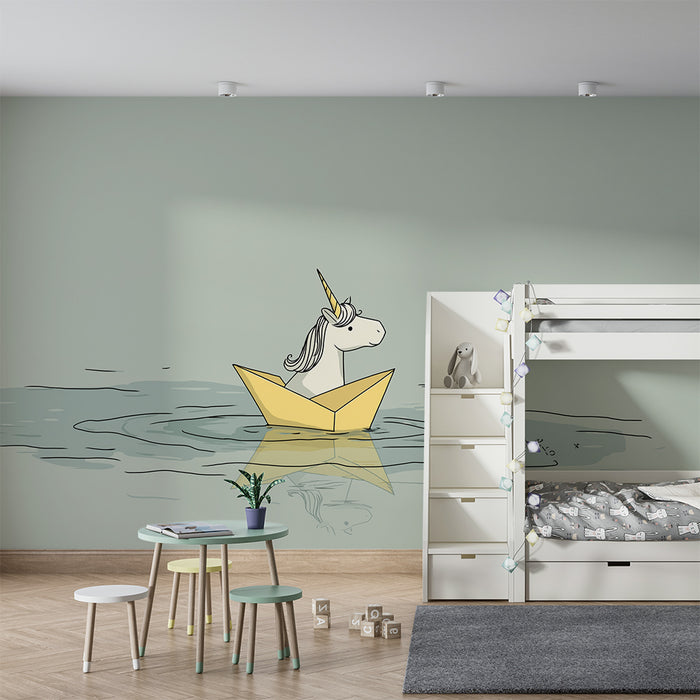 Papier peint chambre enfant | Licorne dans un bateau en papier sur une mer calme