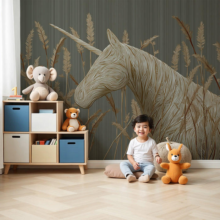Papel de parede criança | Unicorno elegante cercado por gramíneas douradas