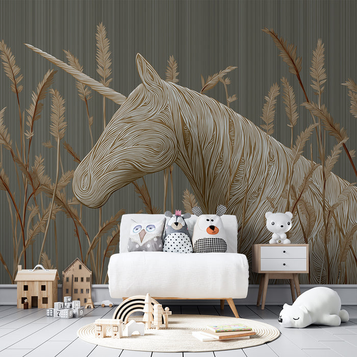 Papel de parede criança | Unicorno elegante cercado por gramíneas douradas