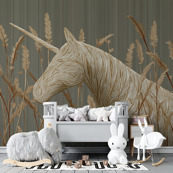 Papel de parede criança | Unicorno elegante cercado por gramíneas douradas