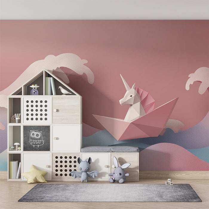 Papel pintado infantil | Unicornio de origami navegando sobre olas pastel