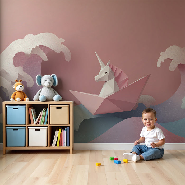 Papel pintado infantil | Unicornio de origami navegando sobre olas pastel